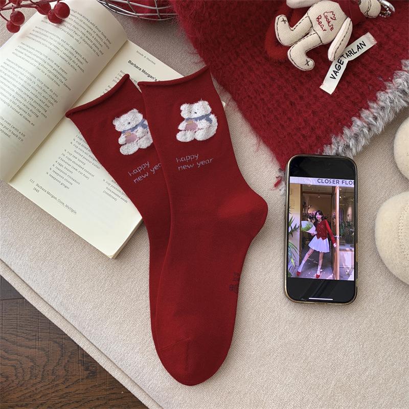 Super Cute Red Socks for Women In Autumn and Winter, Pure Cotton Mid-calf Socks, Cartoon Polka Dot Puppy Dui Dui Socks