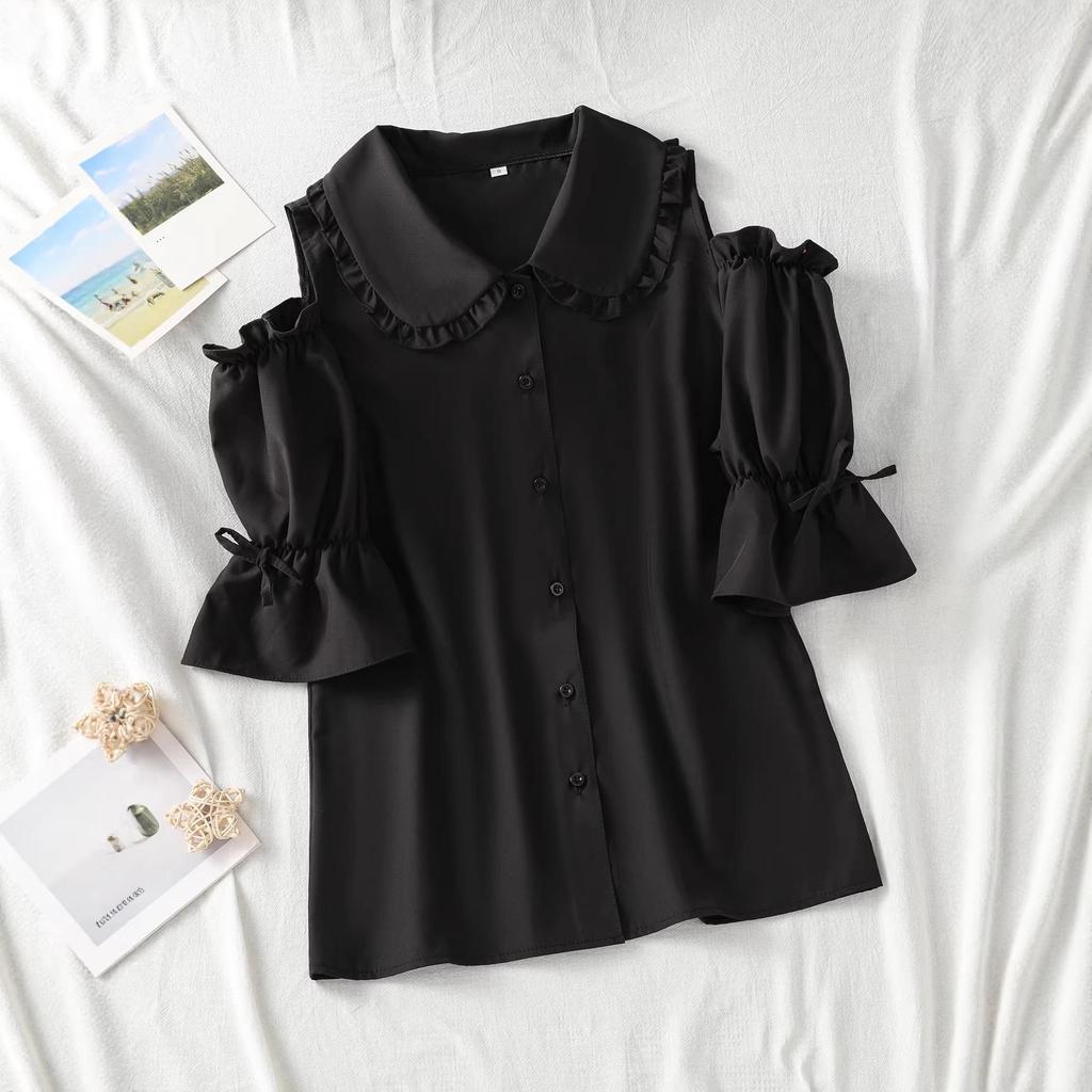 Versatile Ruffle Doll Collar Blouse - Women's Short-Sleeve, Pleated, Loose Fit, Solid Color