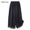 Plus Size Korean Style Summer Women Cotton Pants Elastic Waist Beige Navy Embroidery Trousers Vintage Classical Straight Ladies' Pants