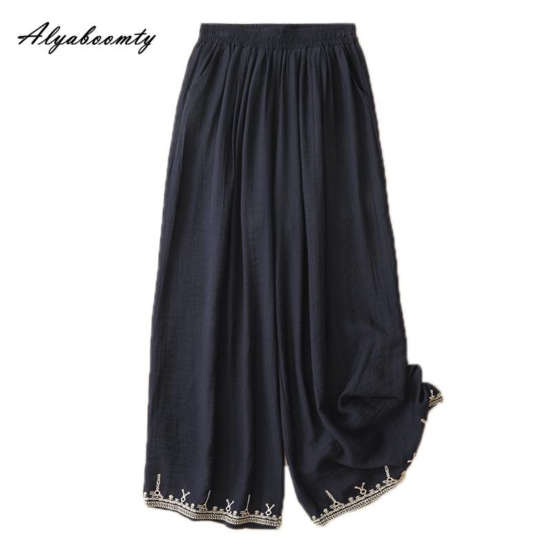 Plus Size Korean Style Summer Women Cotton Pants Elastic Waist Beige Navy Embroidery Trousers Vintage Classical Straight Ladies' Pants