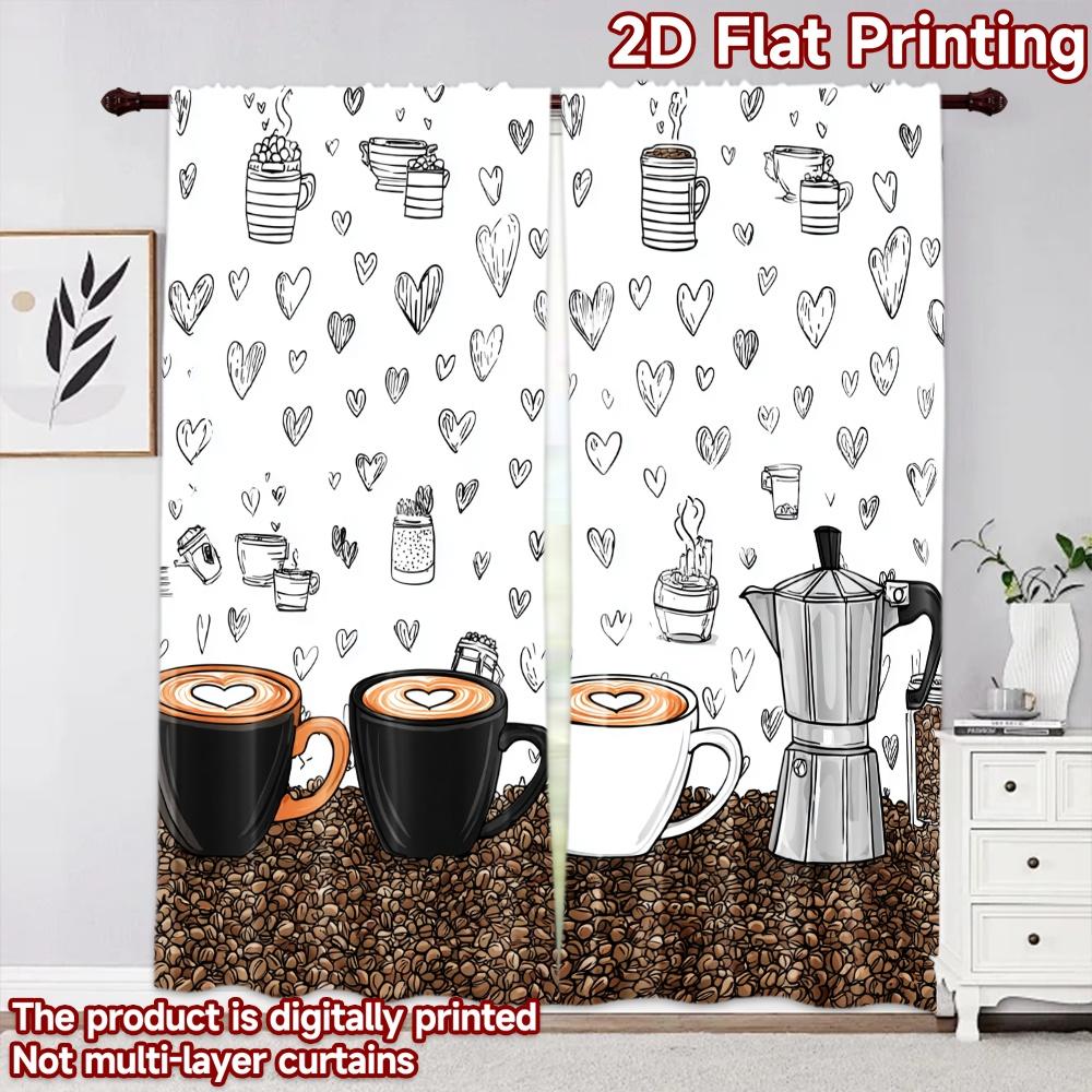 2D Flat Printing 2pcs Curtain Drapes Valentine Coffee Cups and Hearts Digital Printed Polyester Drapes Holiday Decorations Use