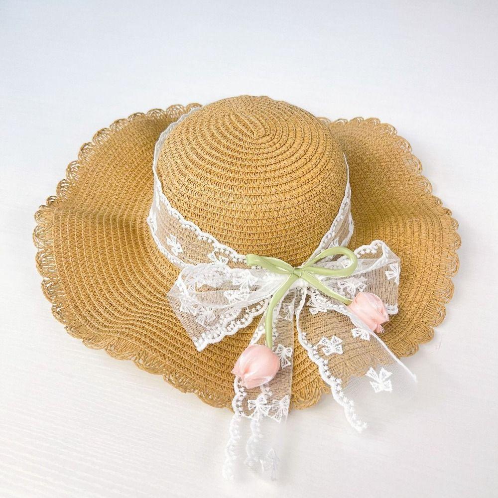 Sweet Lightweight Straw Hat Lace Bow Woven Straw Sun Hat Flat Top Breathable Beach Hat Summer
