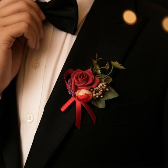 Lapela de Terno Masculino Flor Artificial Pulseira de Pulso Reutilizável Pulseira Floral Alta Simulação Versátil Celebração de Negócios Lapela