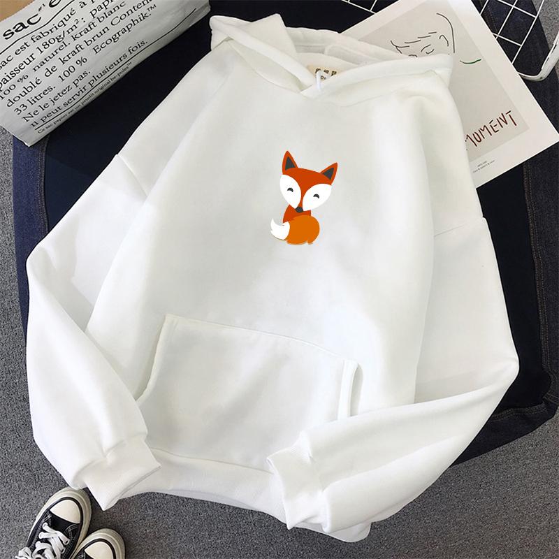 Winter casual fashion fleece ladies sweatshirt long sleeve cute little fox print pattern pullover loose hoodie women thickening