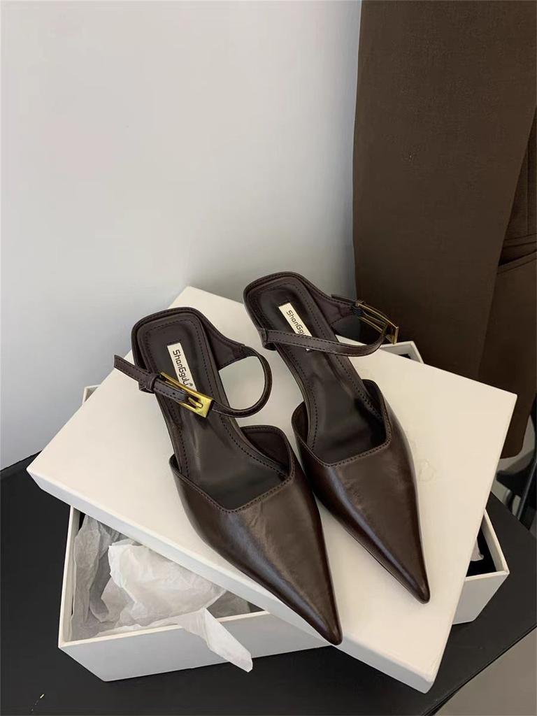 2025 spring and summer sandals soft leather pointed head low heel women's shoes cat heel shoes muller shoes outer wear bag head half drag women's co