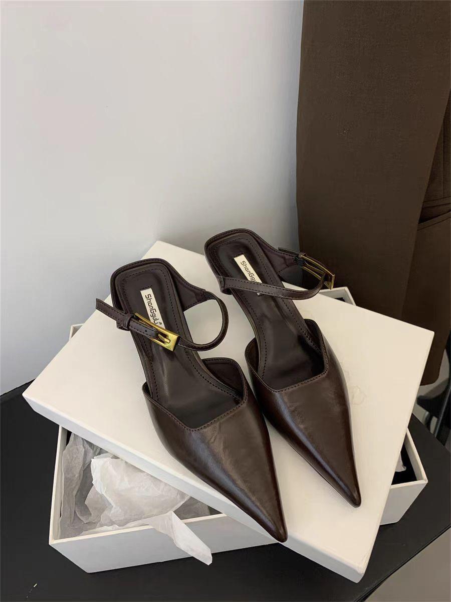 

Niche French весна-лето 2025 новые остроносые темпераментные босоножки на низком каблуке коричневые ретро-туфли с сумкой на голове женская обувь 39 темно-коричневого