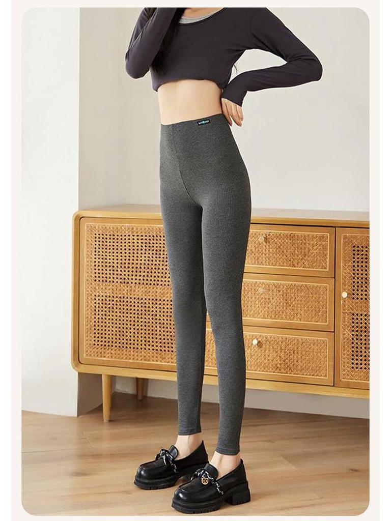 Women's High Waist Fleece-Lined Ribbed Leggings - Warm, Comfortable, Cotton, for Autumn and Winter Wear, Nine-Point Length.