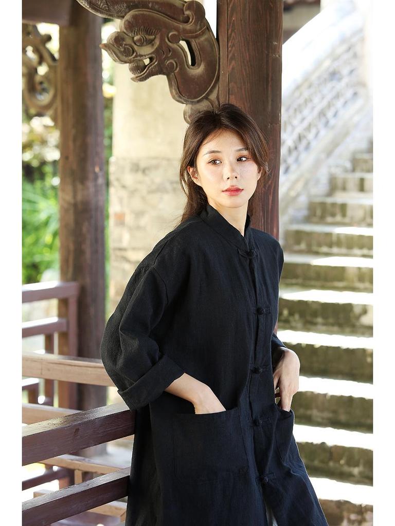 Cardigan de damă din amestec de bumbac și in de lungime medie - Retro spălat cu nisip