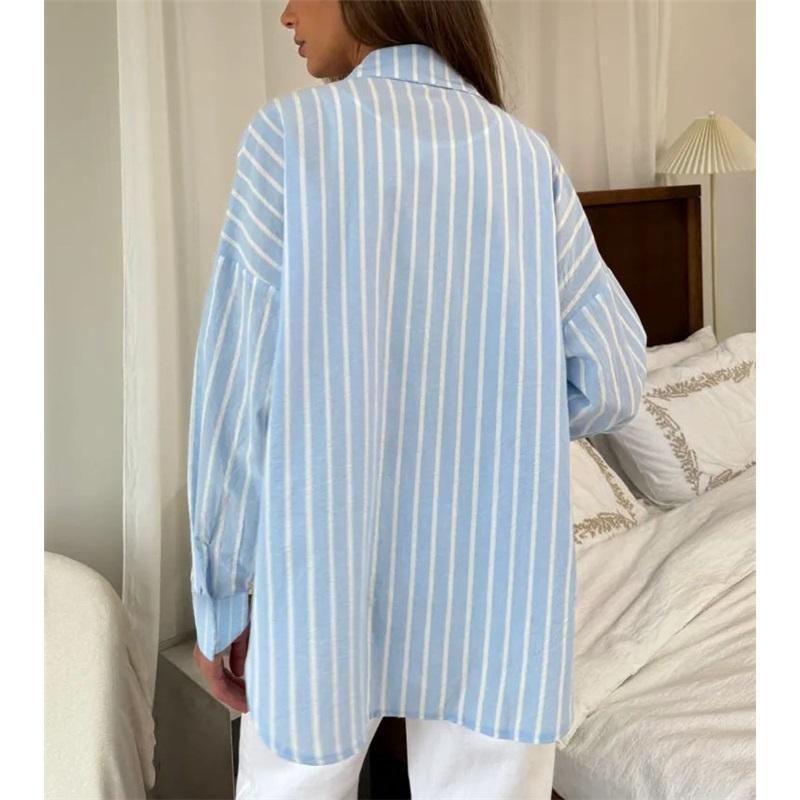 Women's summer striped shirt long-sleeved lapel loose shirt