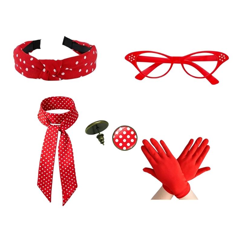 1950S Costume Accessories 50S Scarf,Cats Eye Glasses,Headband,Dot Earrings Halloween Cosplay Costumes