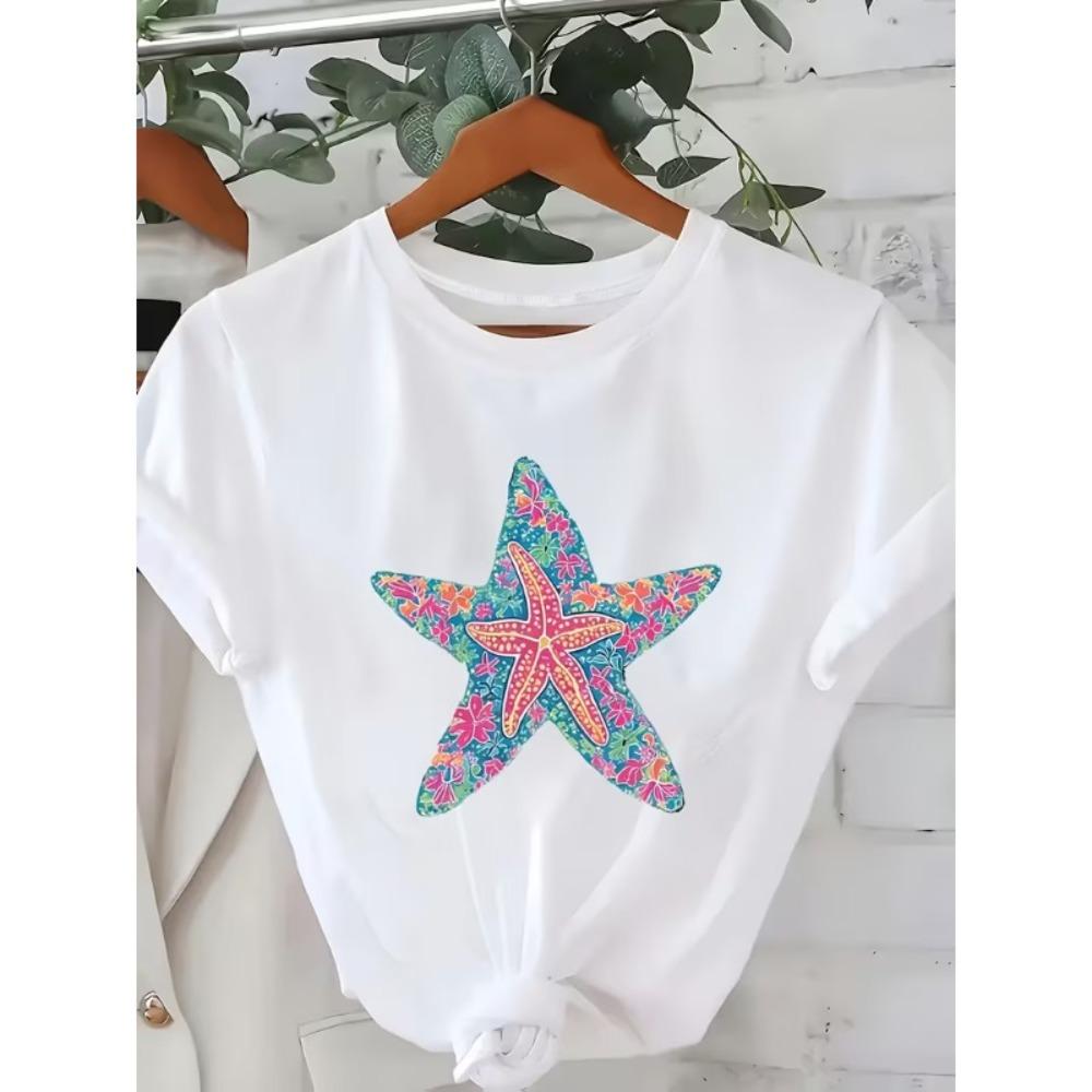 Women’s Floral Starfish T-Shirt Colorful Tropical Flower Graphic Tee Soft Beach Style Short Sleeve for Daily Wear