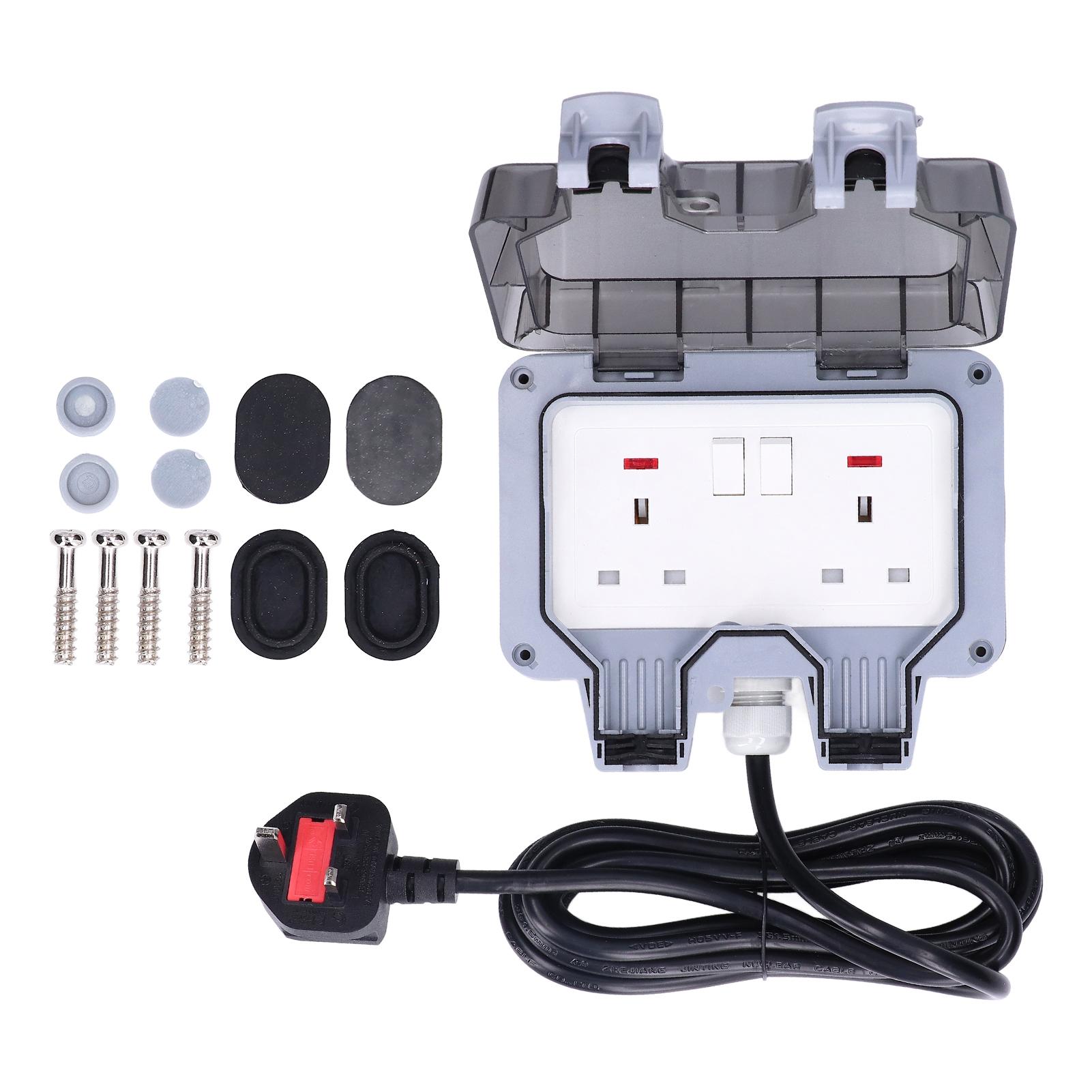 

Outdoor Socket Dual Power Outlet Box with Cable IP66 Waterproof British Standard 250V 13A