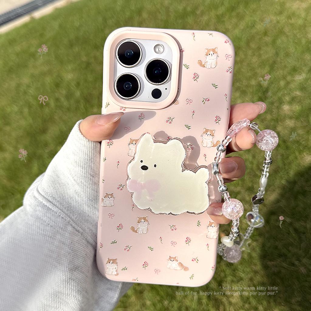 Ins Wind Floral Puppy Bracket Iphone17 Mobile Phone Case Apple 15 Suitable for 16pro Max Lanyard 13 Silicone