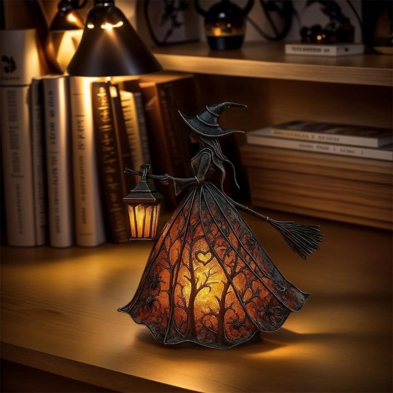 Battery Operated Haunted Witch Figurine with Lamp Gothic Halloween Decorations Safe Resins Craft For Kids Room Ornament