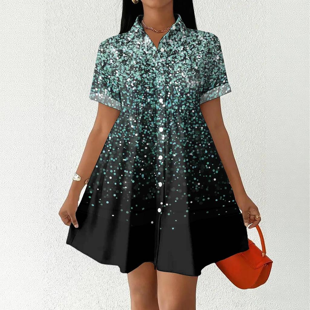 Women’s Casual Loose Fit Button Down Shirt Dress with Stand Collar and Floral Print Short Sleeve Design for Daily Wear