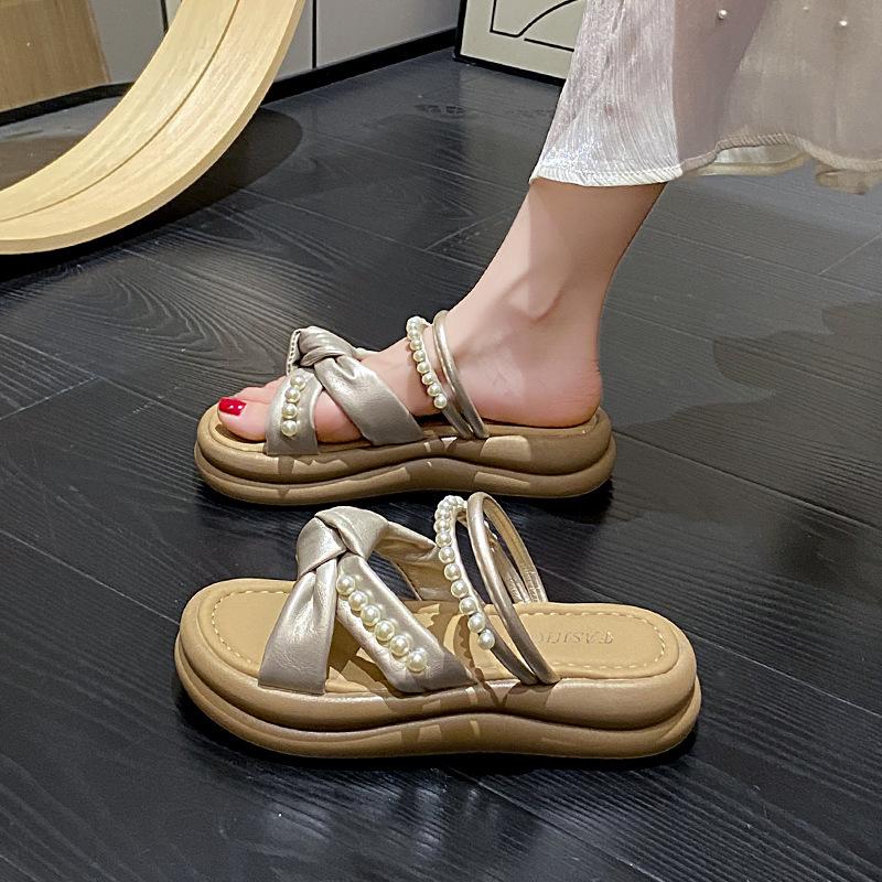 Cross cool slippers one word fashion fairy wind pearl with skirt girl 2025 summer thick bottom new slippers