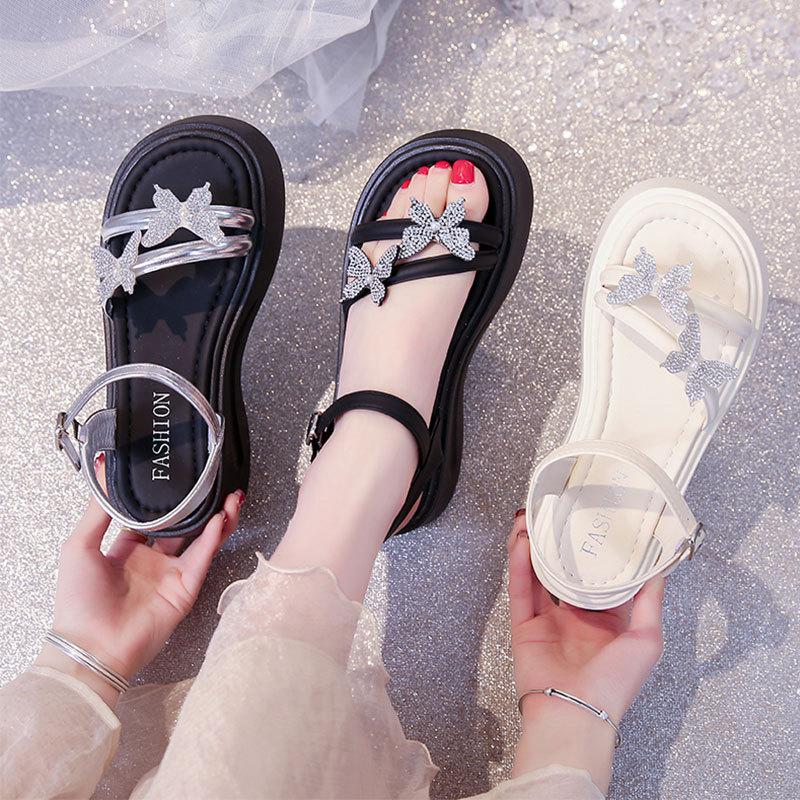 Muffin Thick-soled Heightening Cool Slippers Women's Summer Wear 2025 New Rhinestones with Skirts Beach Fairy Style Sandals