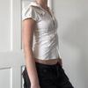 American Style Lapel Waist-Cinched Pleated Short-Sleeve Cardigan Shirt