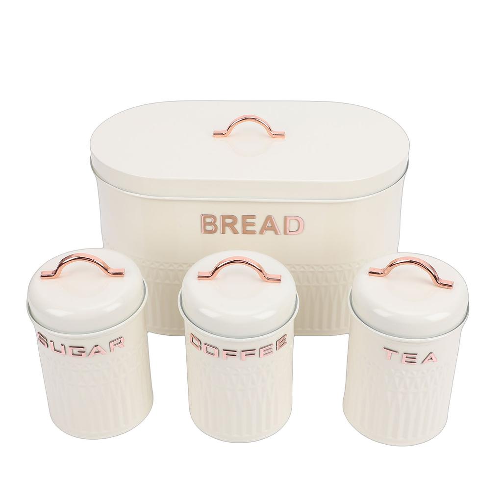 Set da 4 pezzi: Porta pane e barattoli in ferro per cucina, Caffè, Tè, Zucchero, Porta pane in metallo per piano di lavoro