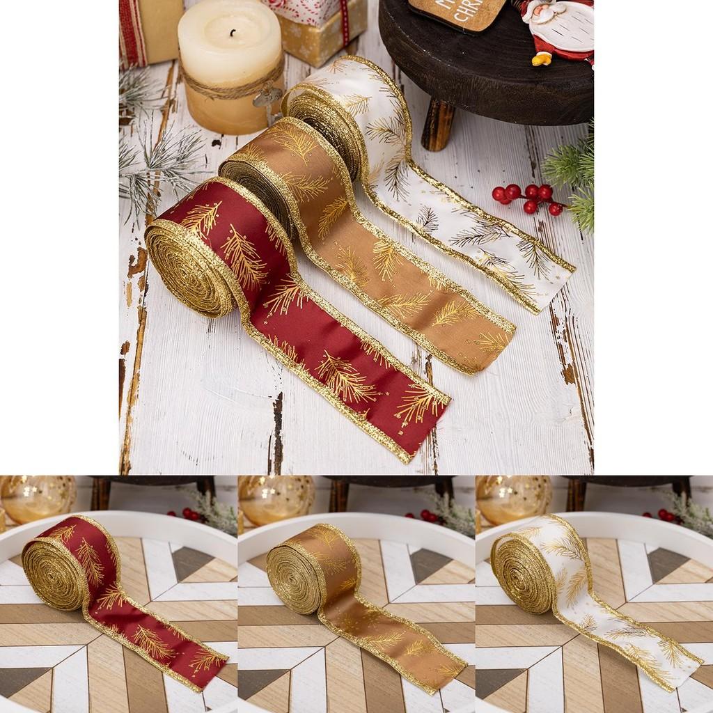 Opulent Christmas Satin Ribbons With Stunning Floral Motifs In Red Gold And White For Crafting
