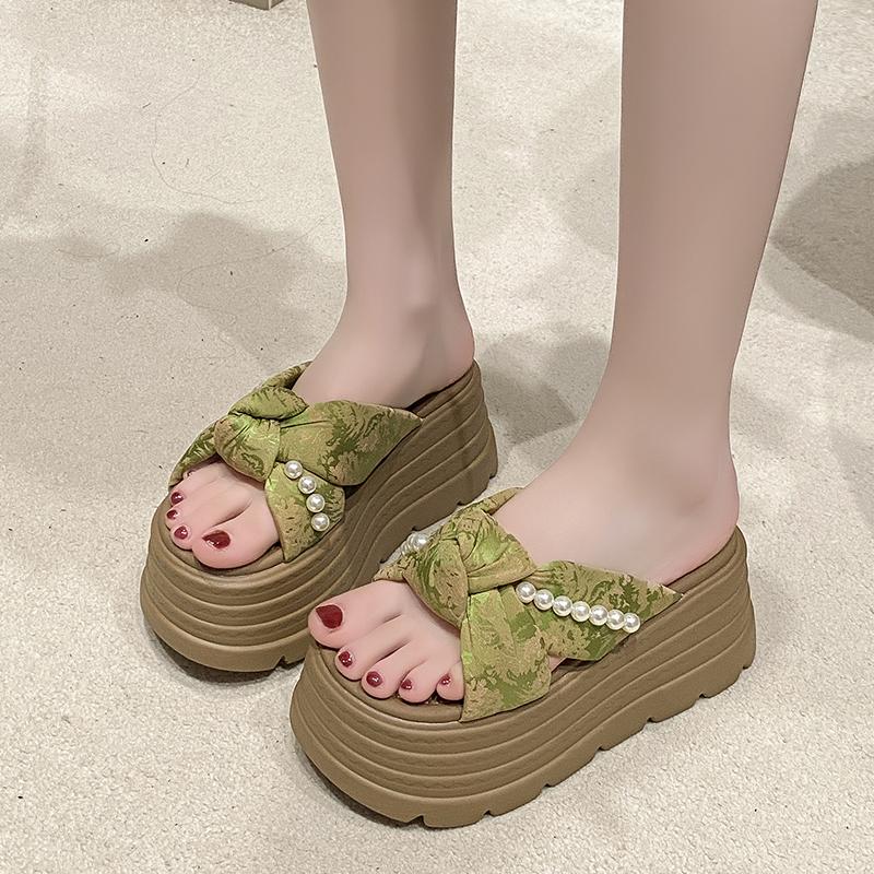 Fashion Aphixta Pearl Platform Sandals 8cm High Heels Slippers Women Slides Shoes Wedge Slippers String Bead Summer Beach Slides Shoes