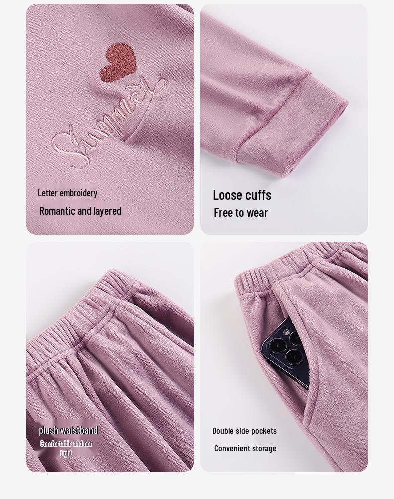 Women's Winter Fleece-Lined Pajamas – Thick Velvet Coral, Warm Plus Size Home Wear Set