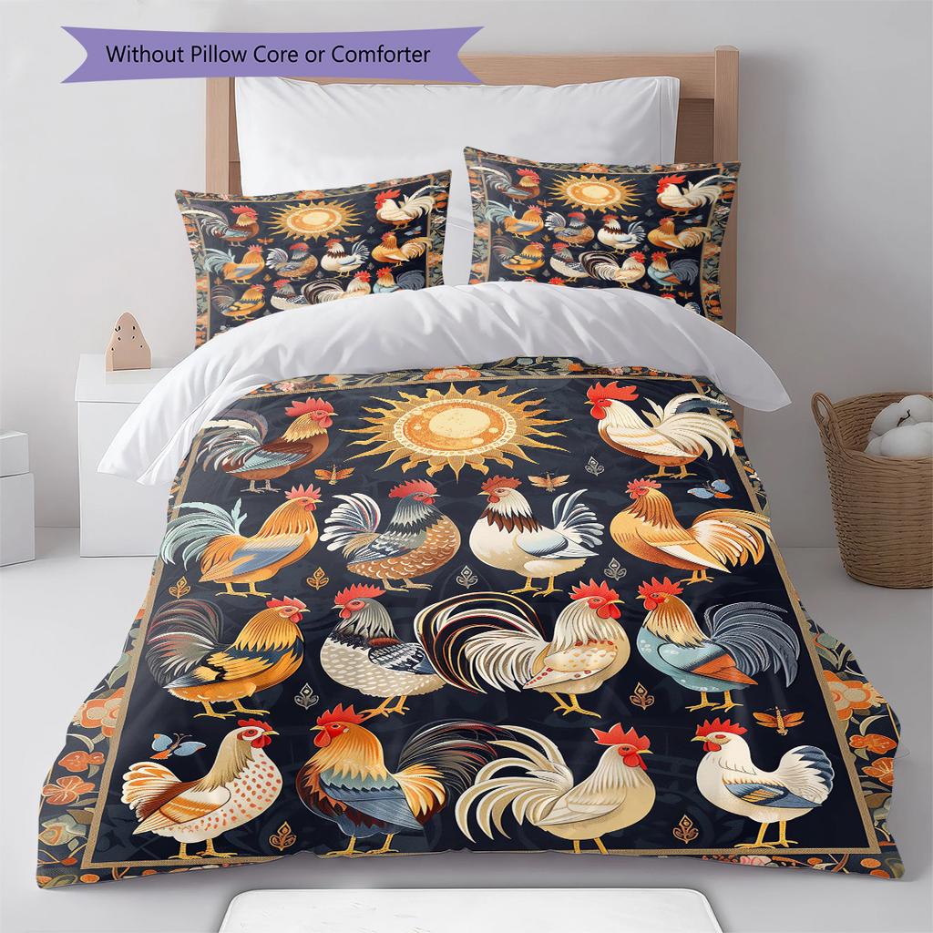 Vintage Chicken Art Pattern Bedding Quilt Set Quilt Cover Pillowcase Home Decoration Gift (1 * duvet cover + 2 * pillowcase, without core)