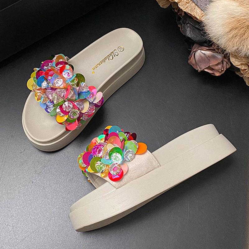 Fashion Thicken Soled Crystal&Paillette Platform Sandals Woman Flats Slip On Slippers Slip On Ladies Flipflops Open Toe Slides Pantuflas