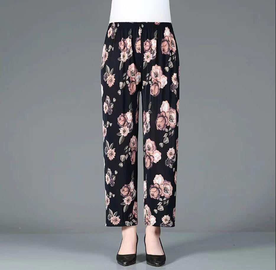 

Женские брюки с цветочным принтом больших размеров из ледяного шелка с высокой талией и прямыми штанинами для лета Suitable for (90-180 jin)