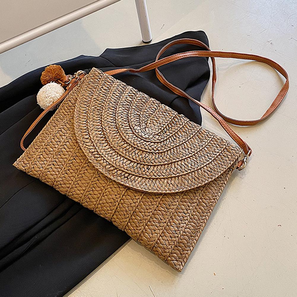 Summer Ladies Handbags Fashion Envelope Bag Casual Portable Handmade Simple Elegant with Hairball Exquisite for Seaside Beach