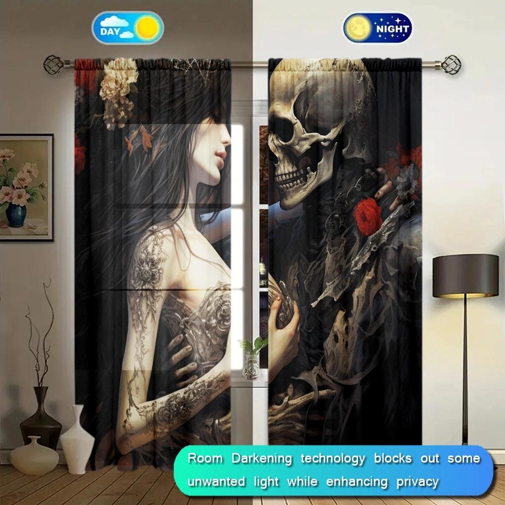 Couple Skeleton Art Printed Curtain for Home Decor - Rod Pocket Window Treatment for Bedroom, Kitchen, Living Room
