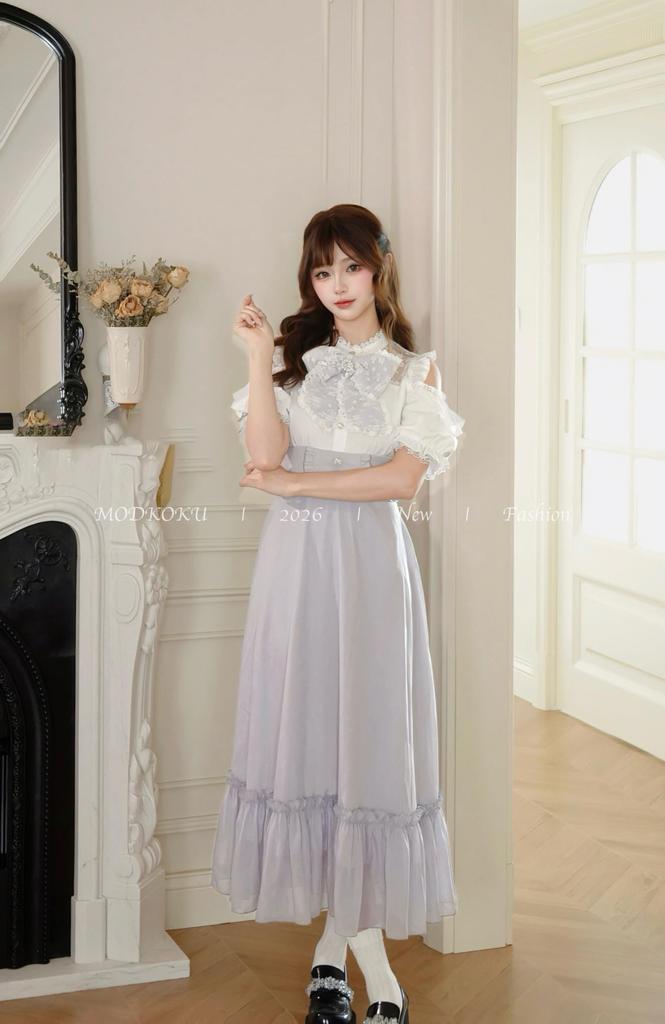 Elegant Open Shoulder Dress for Faux Sexy Lace High Waist Gothic Mori Young Short Size S [MODKOKU] Women, Layered, Lolita, Dress, Lolita, Ribbon,