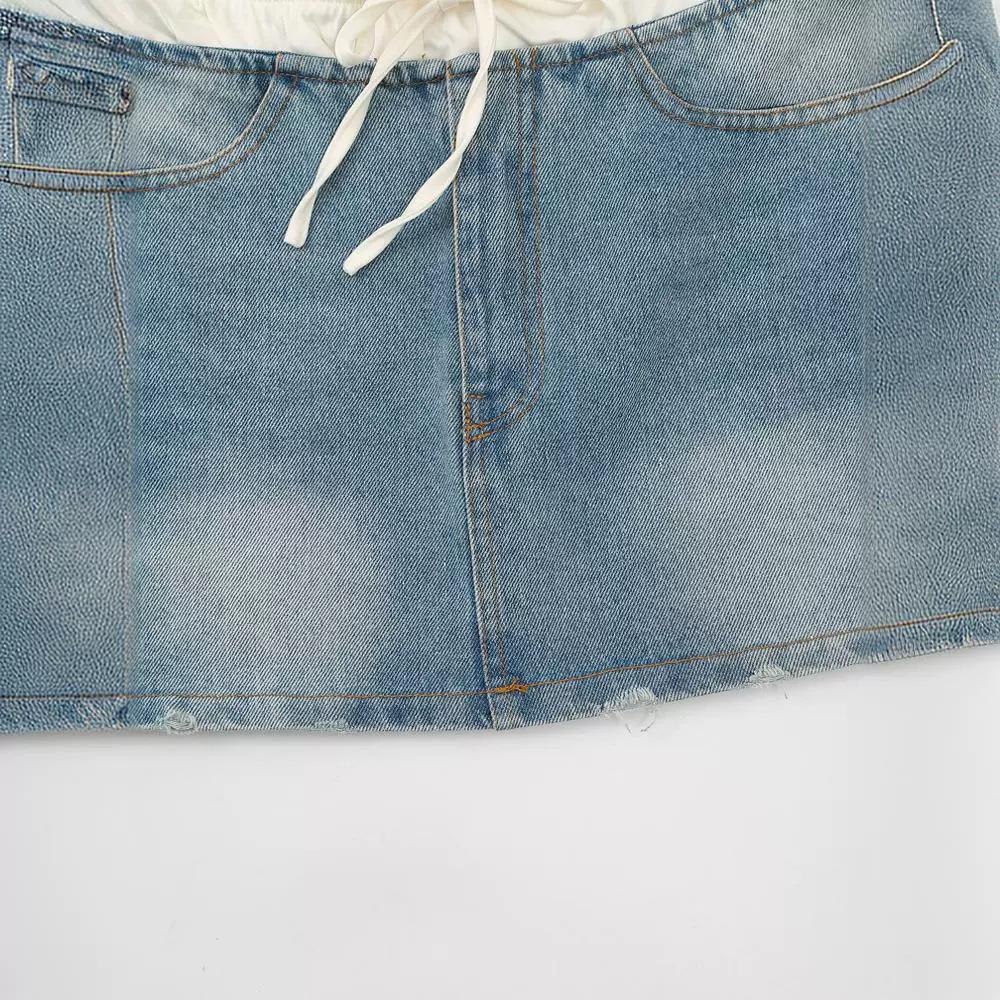 Women's Street Patchwork Denim Mini Skirt Retro High Waist Fashion Slim Lace Up Skirt Women's Summer Casual Short Skirt
