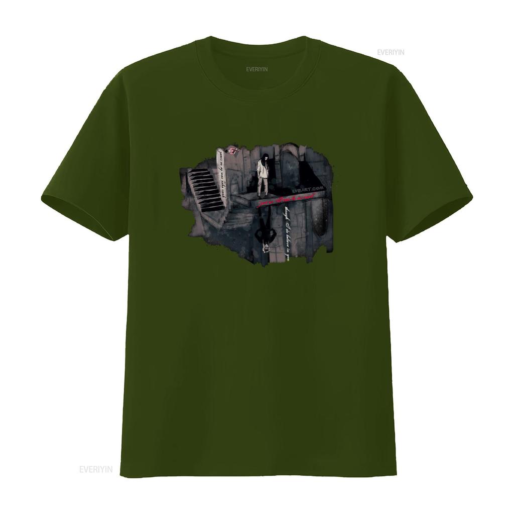Dark Gothic Sketch Piano Stair Mirror Figure Print Streetwear Casual T Shirt vintage Washed designer clothes Versatile homme