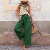 Women's Tropical Print Halter Neck Sleeveless Top and High Waisted Wide Leg Pants Set with Waist Tie