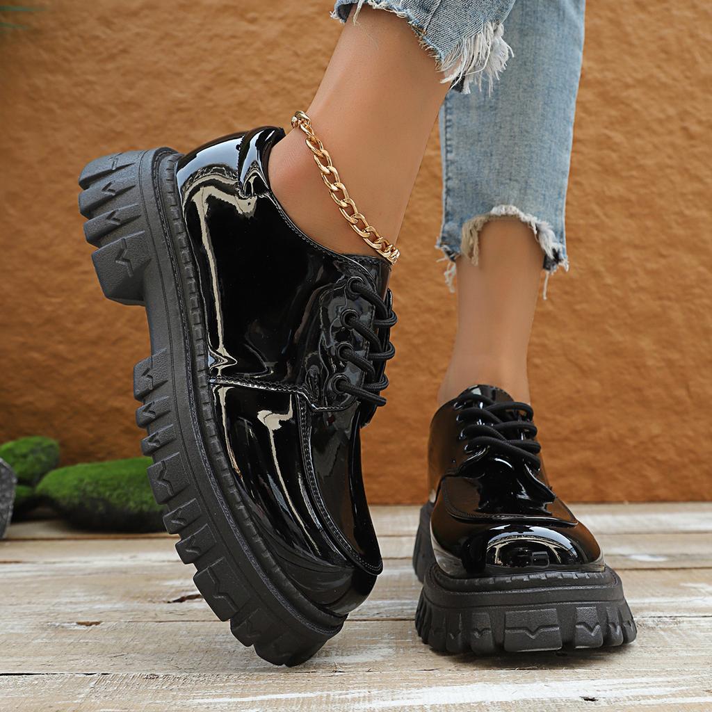 Fashion Black Platform Loafers for Women 2025 Autumn Thick Sole Patent Leather Dress Shoes Woman Non Slip Lace Up Oxfords Shoes