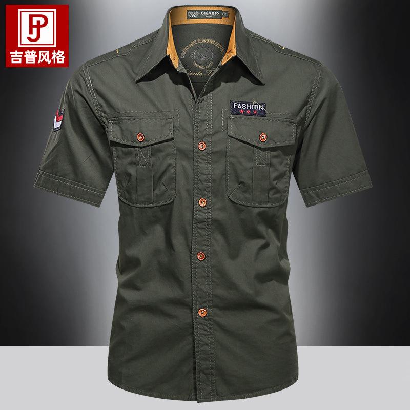 Summer outdoor tooling short-sleeved shirt men's multi-pocket washed cotton loose large size casual military shirt