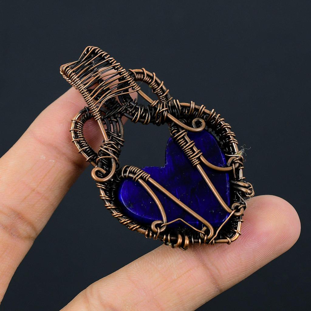 Heart Shaped Blue Flash Labradorite Gemstone Copper Wire Wrapped Handmade Jewelry Pendant