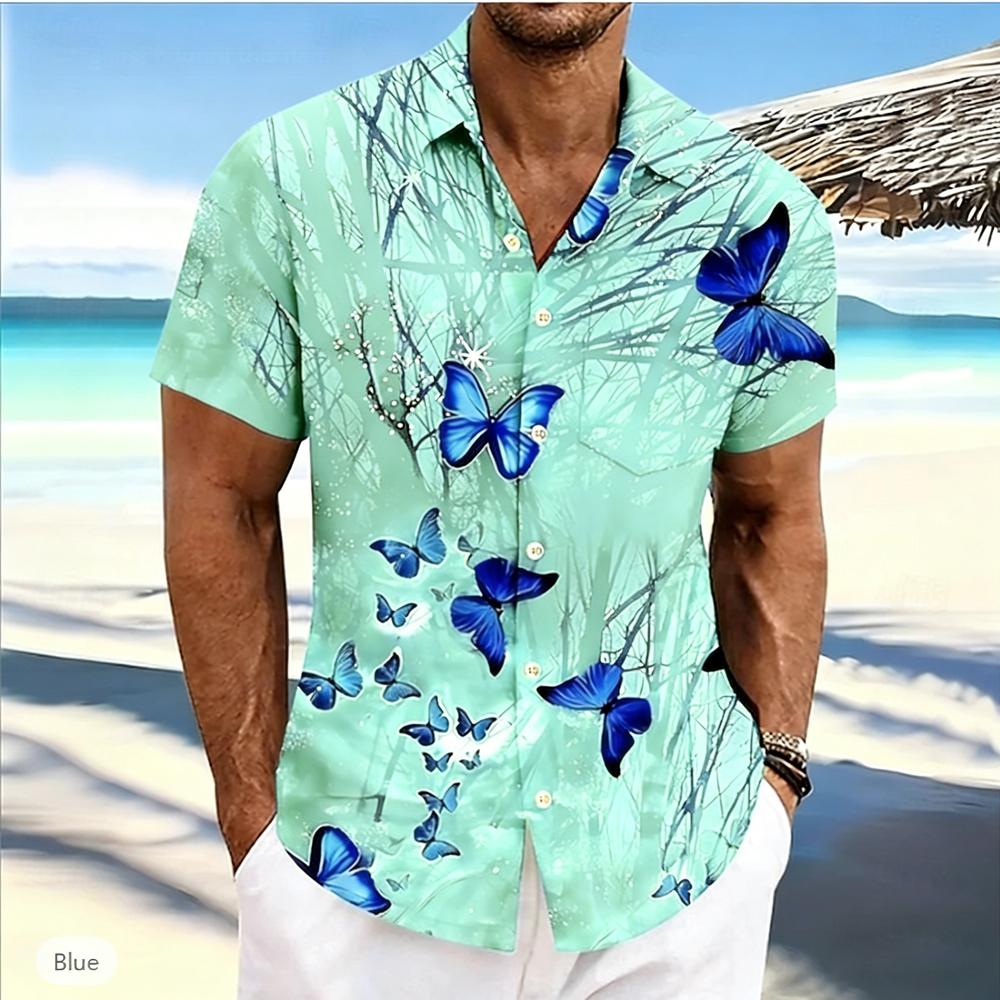 2026Men's Spring New Short-sleeved Shirt Natural Butterfly High-definition 3D Printed Shirt Hawaiian Outdoor Party Clothes Men's