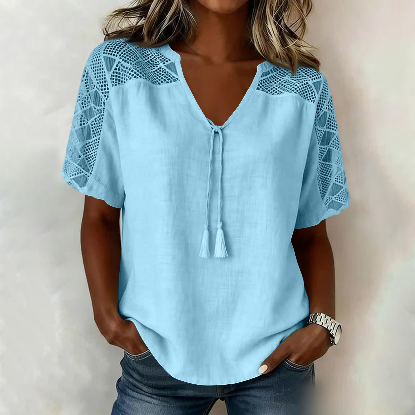 

Women s Fashion Casual Lace-Panel Color U-Neck Short Sleeve Top M синій