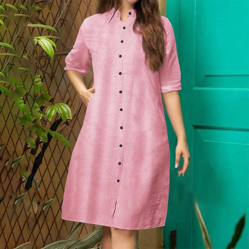 ZANZEA Women Stand Collar Casual Stand Collar Stripe Shirt Dress