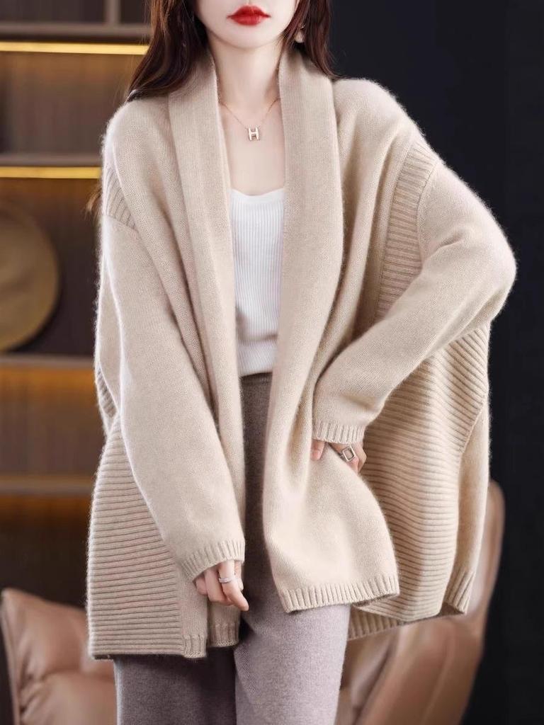 Women's Stylish Mid-Length Knitted Wool Cardigan - Cozy Autumn/Winter Shawl Sweater, Relaxed Fit