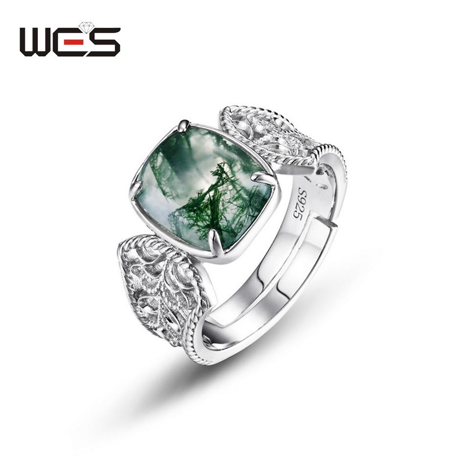 WES 925 Silver Natural Vintage 8*10mm Green Moss Agate Open Rings for Woman Wedding Gifts Certified Jewelry