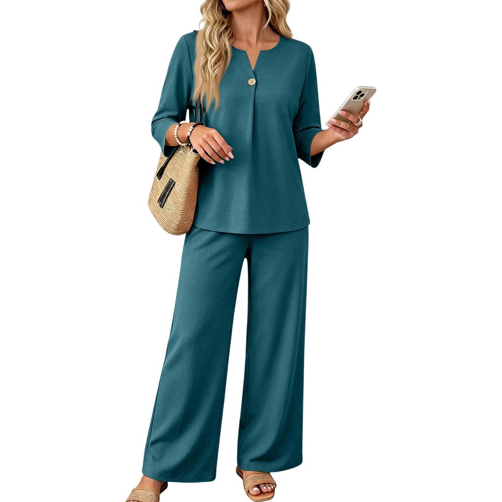 Women's 2-Piece Outfit Set Button Down 3/4 Sleeve Top and Wide Leg Pants Color Casual Matching Set for Everyday Wear