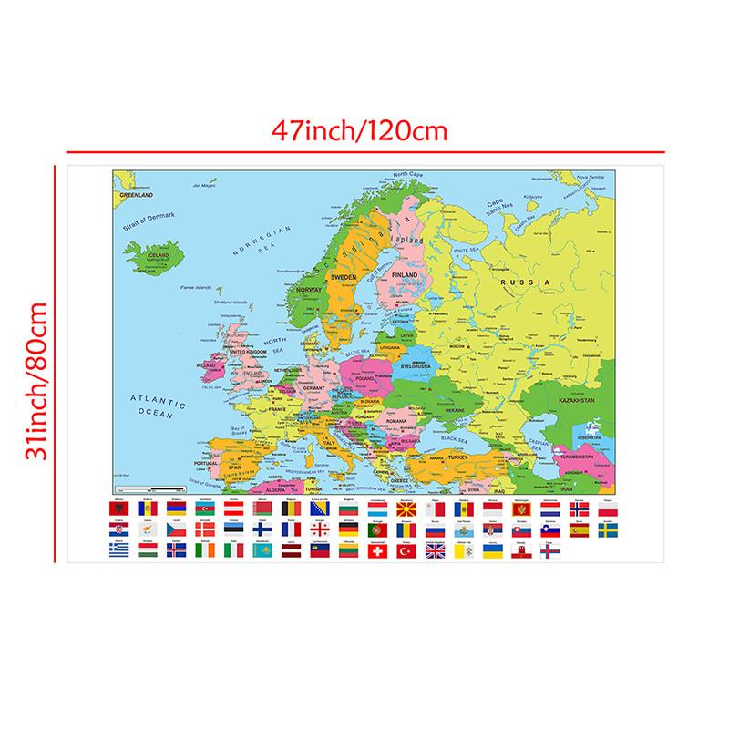 Evropská mapa-Politické rozložení-s vlajkami,Vzdělávací plakát pro domácí kancelář, třídu,Cestovní/Vzdělávací pomůcky