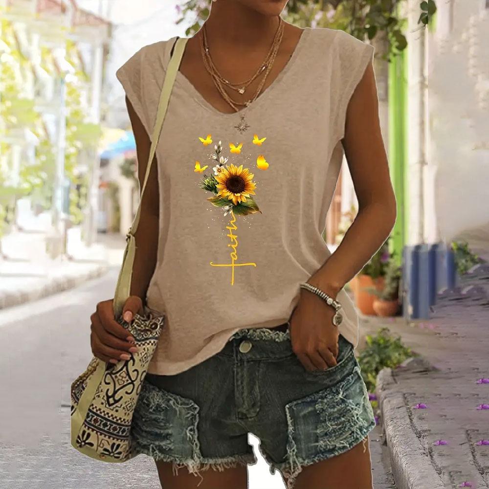 Women's V-Neck T-shirts Casual Fashionable White Sleeveless Vest 3d Sunflower Print Basic Tops Simple Style Summer Tees Shirts