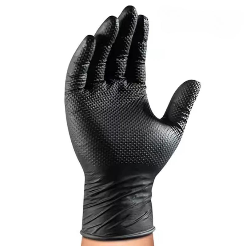 

100 шт./компл. черные нитриловые перчатки одноразовые 8-мил безлатексные механические перчатки для мужчин прочные ромбовидные текстурированные промышленные механические перчатки