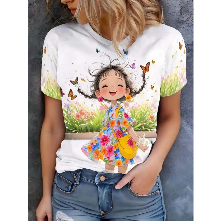 Interesting Cat T-shirt Cute Animal 3D Printed Women's Short Sleeved Summer T-shirt Round Neck Top