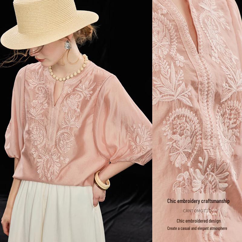 French Embroidered Tencel Shirt M светло-розовый