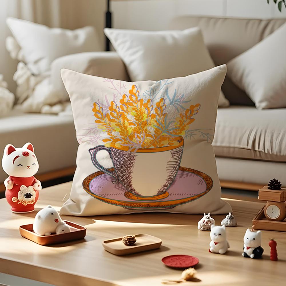 Painting Cup of Flowers Pillow Case Anti-dustmite Pillowcase Invisible Zipper Silky Short Plush Sofa Cushion Cover